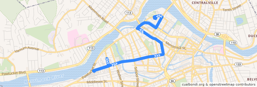 Mapa del recorrido UMass Lowell Red Line (N&W) South Campus - Riverview Suites - East Campus de la línea  en Lowell.