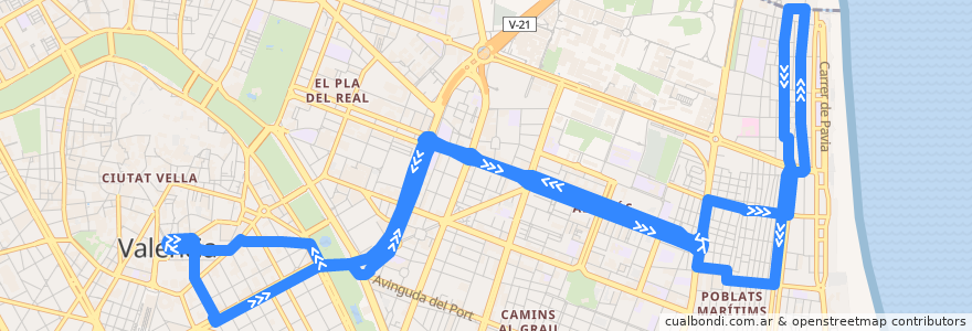 Mapa del recorrido Bus N1: Pl. de l'Ajuntament => B. Ibáñez/la Malva-rosa de la línea  en Comarca de València.