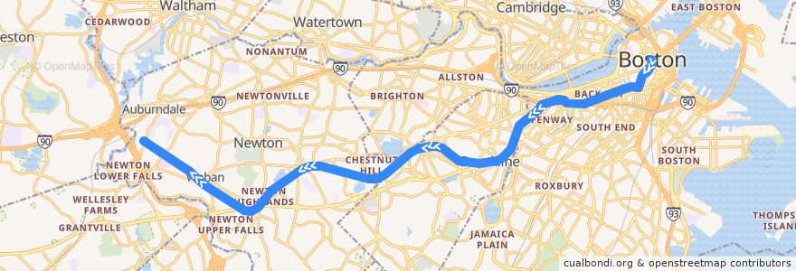 Mapa del recorrido MBTA Green Line (D): Government Center → Riverside de la línea  en Massachusetts.