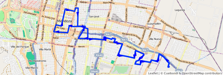 Mapa del recorrido 101 - Bº Cadore - Centro de la línea G08 en Mendoza.