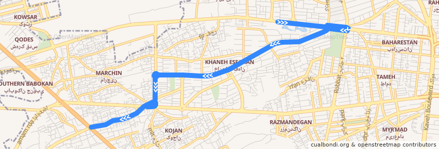 Mapa del recorrido خانه اصفهان - پارک شهید رجائی de la línea  en اصفهان.