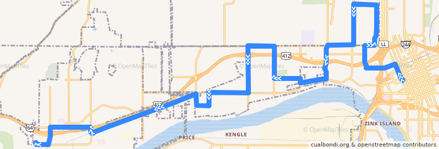Mapa del recorrido Charles Page/Sand Springs de la línea  en Tulsa County.