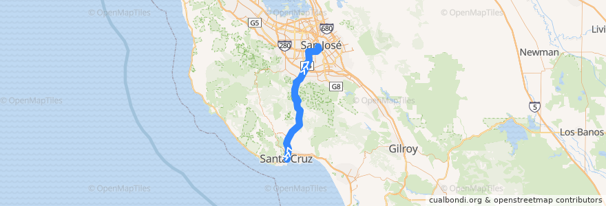 Mapa del recorrido SCMTD 17: Santa Cruz => San Jose Diridon (weekends) de la línea  en Калифорния.