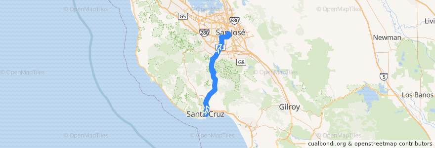 Mapa del recorrido SCMTD 17: Santa Cruz => San Jose Diridon (weekends) de la línea  en California.