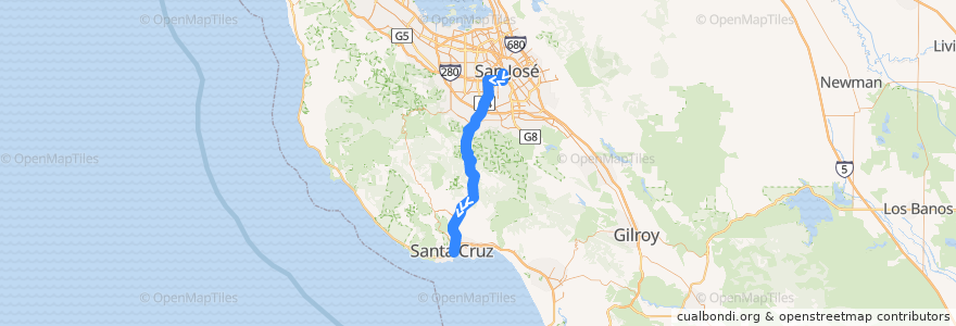 Mapa del recorrido SCMTD 17: San Jose Diridon => Santa Cruz (weekends) de la línea  en 加利福尼亚州/加利福尼亞州.