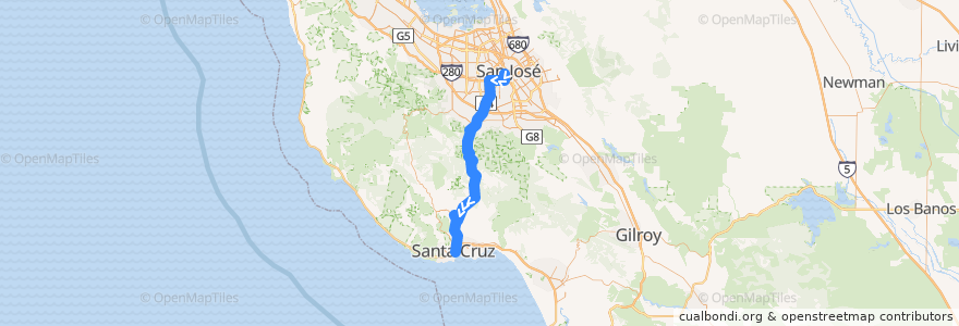 Mapa del recorrido SCMTD 17: San Jose Diridon => Cavallaro Transit Center => Santa Cruz (weekends) de la línea  en Калифорния.