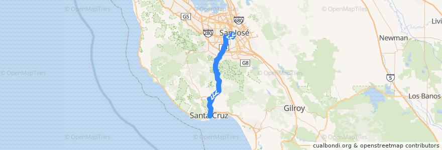 Mapa del recorrido SCMTD 17: San Jose Diridon => Cavallaro Transit Center => Santa Cruz (weekends) de la línea  en カリフォルニア州.