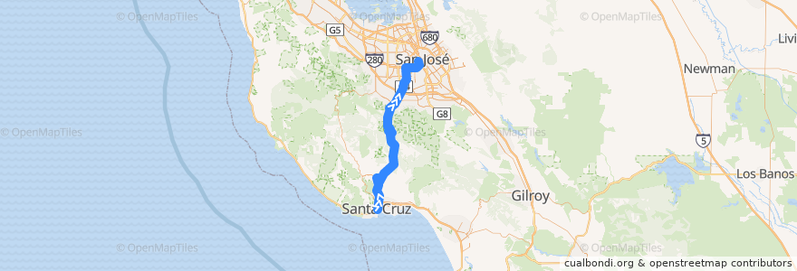 Mapa del recorrido SCMTD 17: Santa Cruz => Cavallaro Transit Center => San Jose Diridon (weekends) de la línea  en Califórnia.