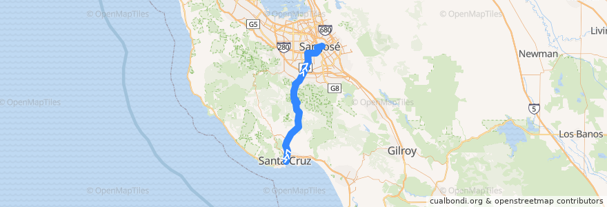 Mapa del recorrido SCMTD 17: Santa Cruz => San Jose Diridon => Downtown San Jose (weekdays) de la línea  en カリフォルニア州.