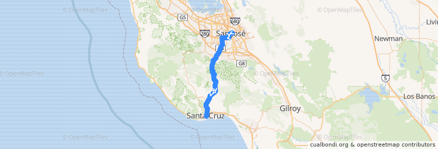 Mapa del recorrido SCMTD 17: Downtown San Jose => San Jose Diridon => Santa Cruz (weekdays) de la línea  en California.