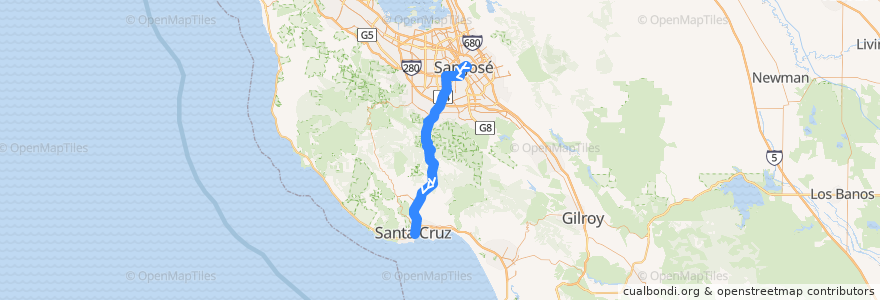 Mapa del recorrido SCMTD 17: Downtown San Jose => San Jose Diridon => Santa Cruz (weekdays) de la línea  en 加利福尼亚州/加利福尼亞州.