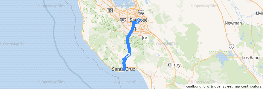 Mapa del recorrido SCMTD 17: Downtown San Jose => San Jose Diridon => Cavallaro Transit Center => Santa Cruz (weekdays) de la línea  en カリフォルニア州.