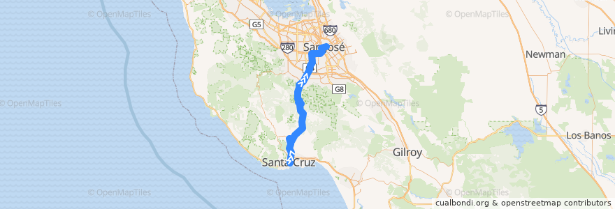 Mapa del recorrido SCMTD 17: Santa Cruz => Cavallaro Transit Center => San Jose Diridon => Downtown San Jose (weekdays) de la línea  en カリフォルニア州.