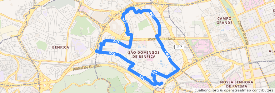 Mapa del recorrido Bus 58B: Sete Rios → Sete Rios de la línea  en São Domingos de Benfica.