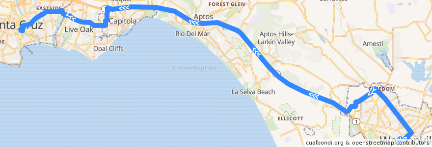 Mapa del recorrido SCMTD 69A: Watsonville => Santa Cruz de la línea  en Santa Cruz County.