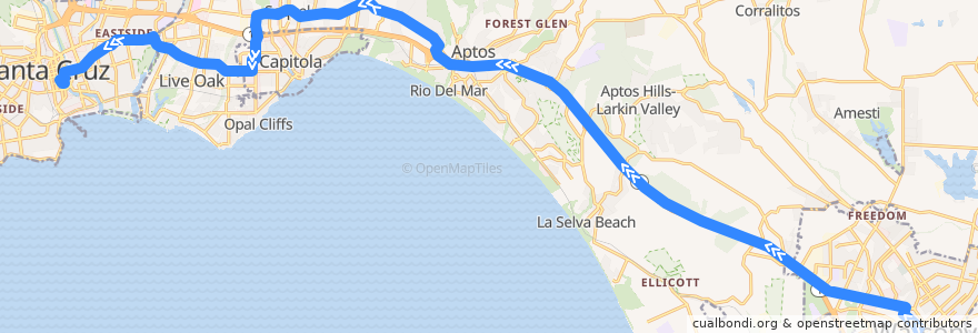 Mapa del recorrido SCMTD 69W: Watsonville => Santa Cruz de la línea  en Santa Cruz County.