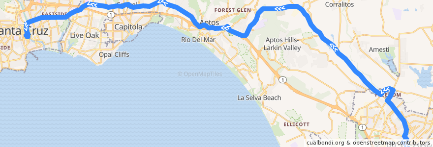 Mapa del recorrido SCMTD 71: Watsonville => Crestview Center => Santa Cruz de la línea  en Santa Cruz County.