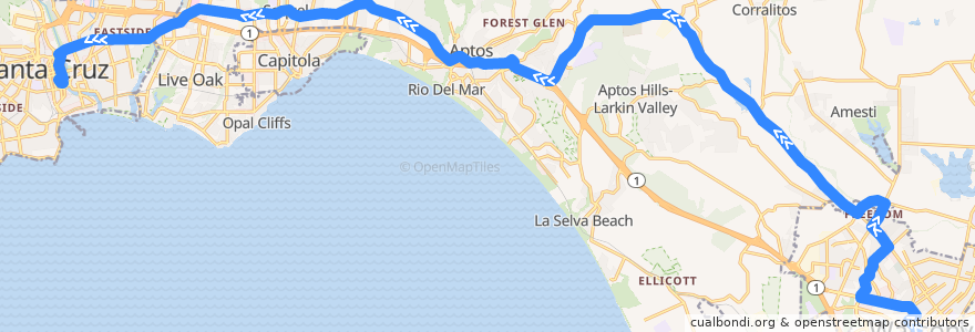 Mapa del recorrido SCMTD 71: Watsonville => Clifford Avenue => Santa Cruz de la línea  en Santa Cruz County.