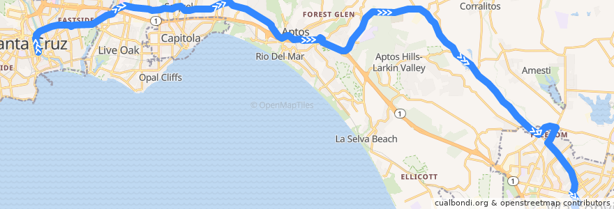 Mapa del recorrido SCMTD 71: Santa Cruz => Crestview Center => Watsonville de la línea  en Santa Cruz County.