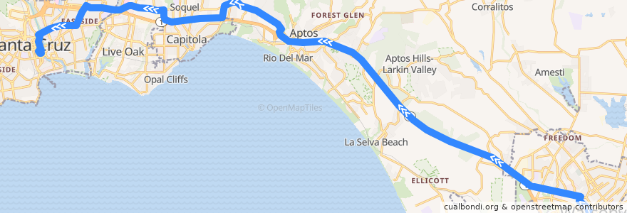 Mapa del recorrido SCMTD 91X: Watsonville => Santa Cruz de la línea  en Santa Cruz County.