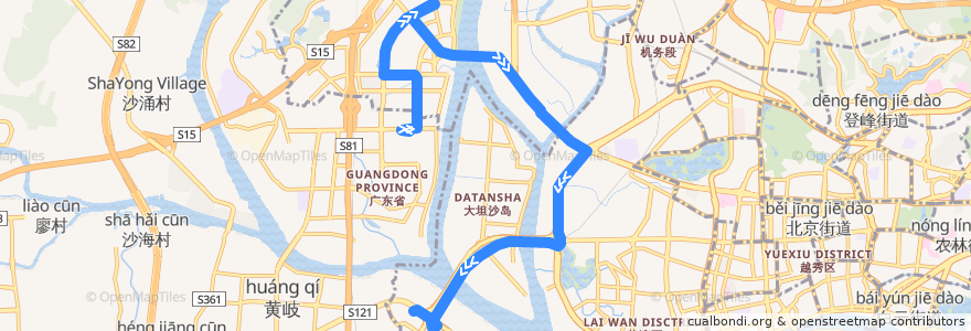 Mapa del recorrido 广885路[芳村大道西(滘口客运站)总站-白沙(中海金沙湾)总站] de la línea  en Гуанчжоу.