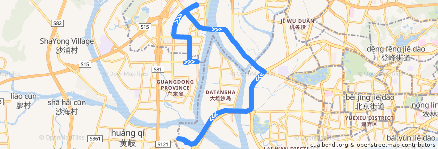 Mapa del recorrido 广885路[白沙(中海金沙湾)总站-芳村大道西(滘口客运站)总站] de la línea  en 广州市.