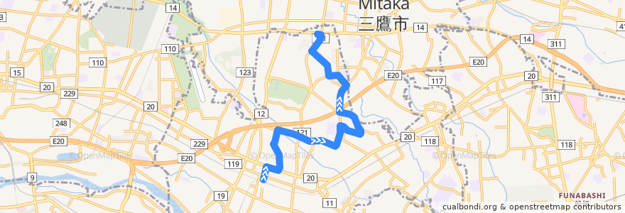 Mapa del recorrido Bus 調37 調布駅北口->都営深大寺住宅 de la línea  en Tokio.