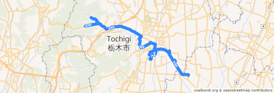 Mapa del recorrido 栃木市ふれあいバス皆川樋ノ口線 南柏倉⇒栃木駅⇒小山西高校 de la línea  en Prefettura di Tochigi.