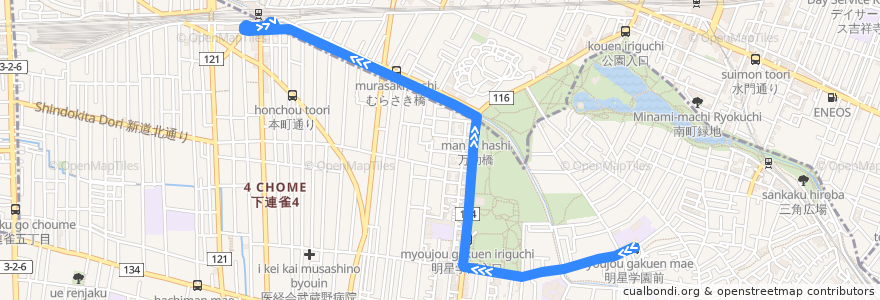 Mapa del recorrido Bus 明星学園ルート 明星学園前->三鷹駅南口 de la línea  en Tokio.