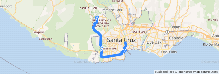 Mapa del recorrido SCMTD 20: UCSC => Delaware & Swift => Santa Cruz de la línea  en 圣塔克鲁兹.