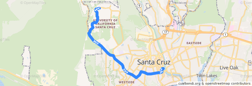 Mapa del recorrido SCMTD 16: UCSC => Santa Cruz de la línea  en Santa Cruz County.