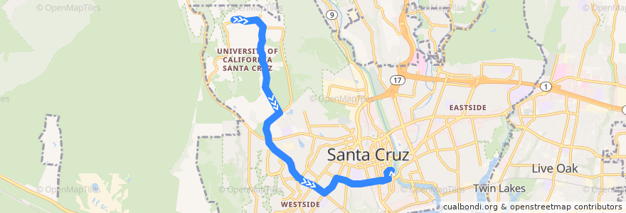Mapa del recorrido SCMTD 15: UCSC => Santa Cruz de la línea  en Santa Cruz.