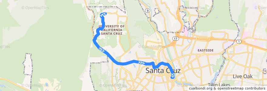 Mapa del recorrido SCMTD 10: UCSC => Santa Cruz de la línea  en Santa Cruz County.