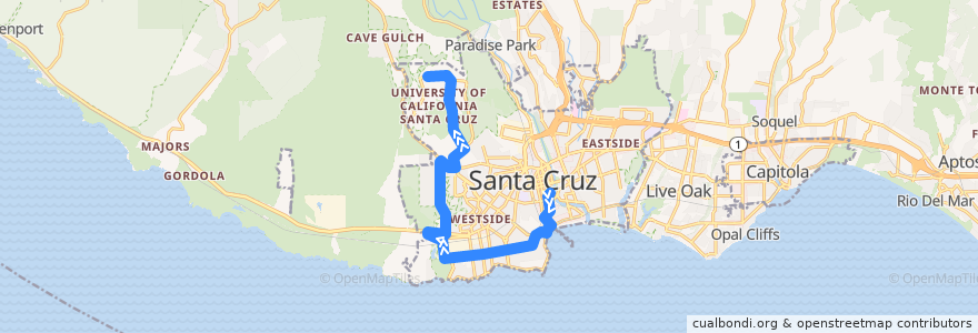 Mapa del recorrido SCMTD 20: Santa Cruz => Delaware & Swift => Pacific Shores => UCSC de la línea  en Santa Cruz.