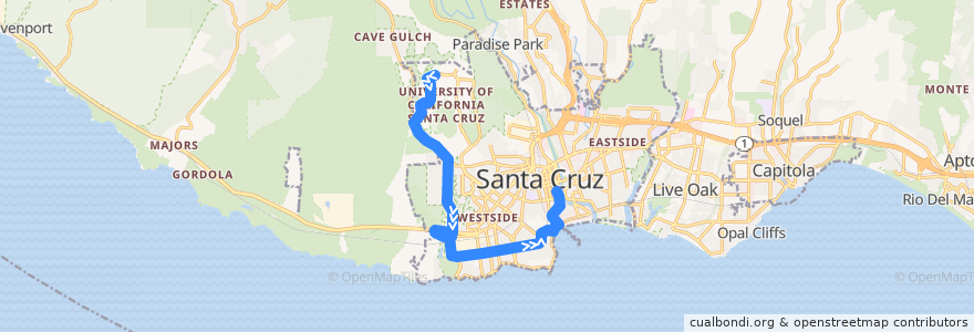 Mapa del recorrido SCMTD 20: UCSC => Pacific Shores => Delaware & Swift => Santa Cruz de la línea  en Santa Cruz.