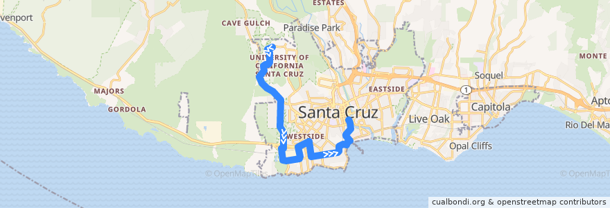 Mapa del recorrido SCMTD 20: UCSC => Mission & Miramar => Santa Cruz (evenings) de la línea  en Santa Cruz.