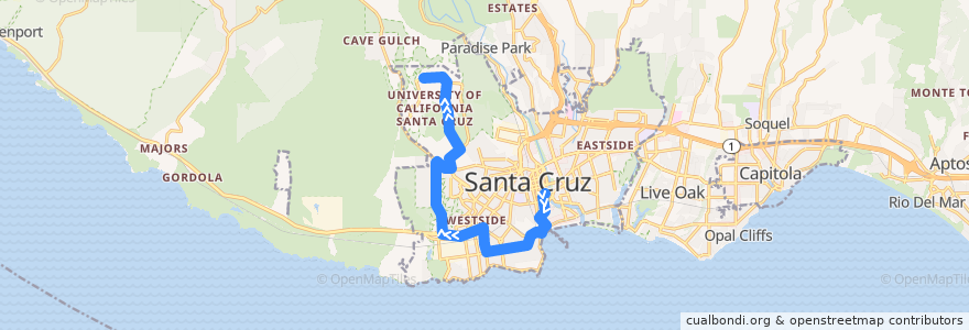 Mapa del recorrido SCMTD 20: Santa Cruz => Mission & Miramar => UCSC (evenings) de la línea  en Santa Cruz.