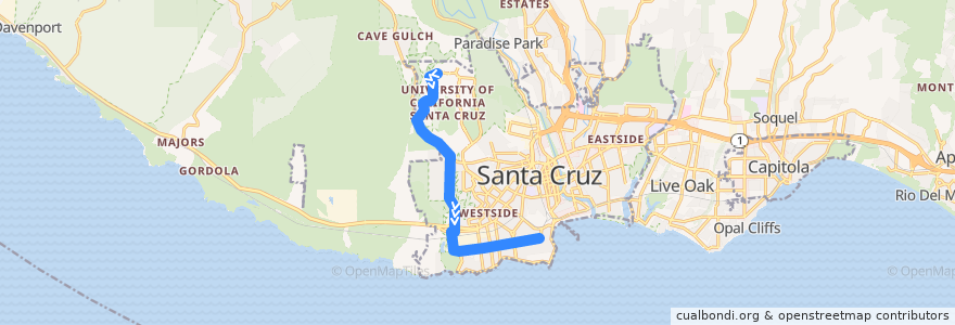Mapa del recorrido SCMTD 20D: UCSC => Delaware & Liberty de la línea  en Santa Cruz County.