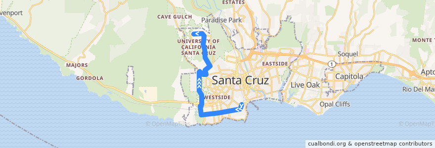 Mapa del recorrido SCMTD 20D: Bay & Laguna => UCSC de la línea  en Santa Cruz.