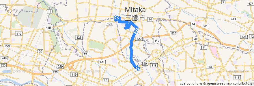 Mapa del recorrido Bus 新川・中原ルート つつじヶ丘駅北口->三鷹中央防災公園・元気創造プラザ de la línea  en Токио.