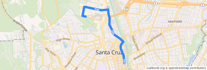 Mapa del recorrido SCMTD 4: Santa Cruz => Harvey West Park (mornings) de la línea  en Santa Cruz.