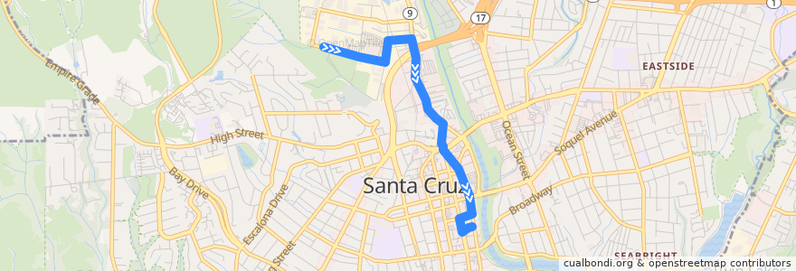Mapa del recorrido SCMTD 4: Harvey West Park => Santa Cruz de la línea  en 圣塔克鲁兹.