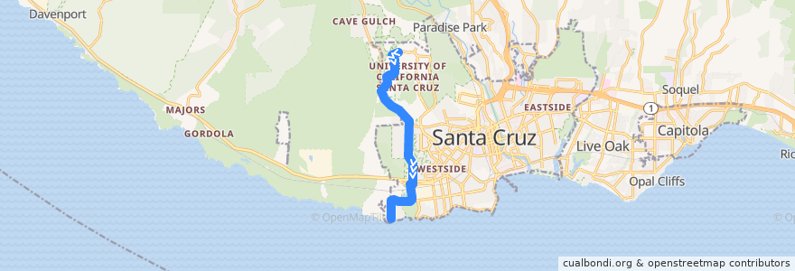 Mapa del recorrido SCMTD 22: UCSC => Seymour Center de la línea  en Santa Cruz County.