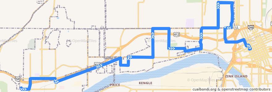 Mapa del recorrido Charles Page/Sand Springs de la línea  en Tulsa County.