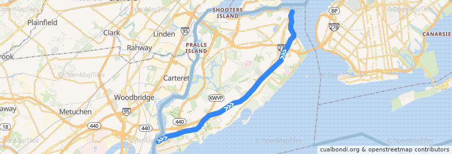 Mapa del recorrido NYCS - Staten Island Railway (am rush): Tottenville → St. George de la línea  en Staten Island.