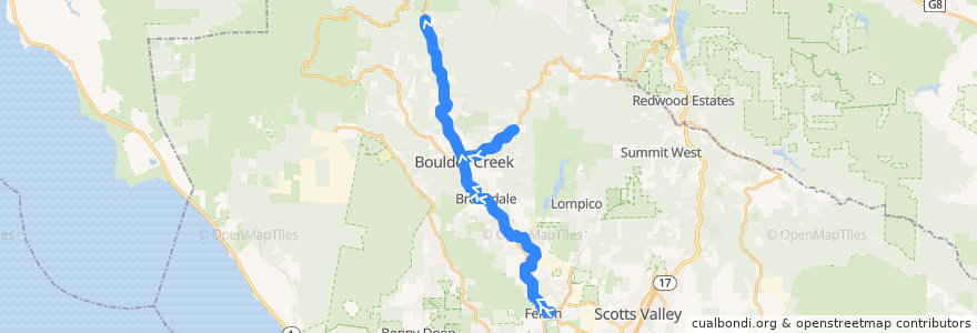 Mapa del recorrido SCMTD 35: Felton Fair => Glen Arbor Road => Bear Creek Road => Mountain Store => San Lorenzo Park de la línea  en 圣塔克鲁兹县.