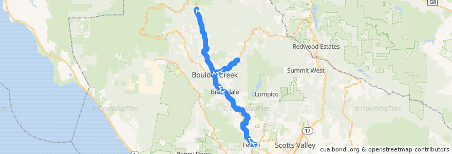 Mapa del recorrido SCMTD 35: Felton Fair => Glen Arbor Road => Bear Creek Road => Mountain Store => San Lorenzo Park de la línea  en Santa Cruz County.
