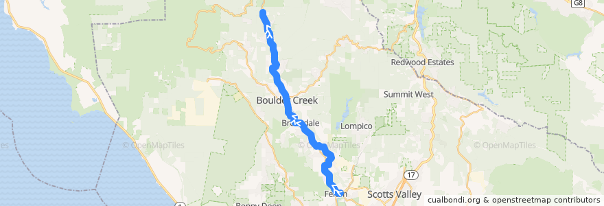 Mapa del recorrido SCMTD 35: Felton Fair => Glen Arbor Road => Mountain Store => San Lorenzo Park de la línea  en 圣塔克鲁兹县.