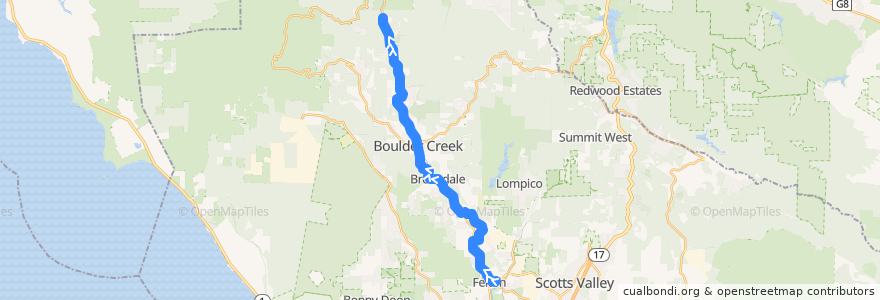 Mapa del recorrido SCMTD 35: Felton Fair => Glen Arbor Road => Mountain Store => San Lorenzo Park de la línea  en Santa Cruz County.