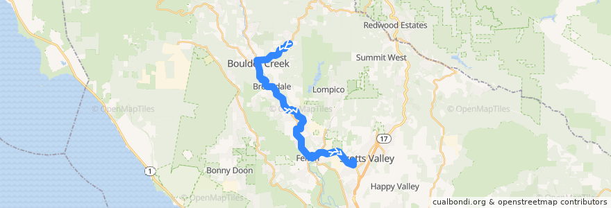 Mapa del recorrido SCMTD 35: Bear Creek Road => Glen Arbor Road => Cavallaro Transit Center (weekday mornings) de la línea  en مقاطعة سانتا كروز.